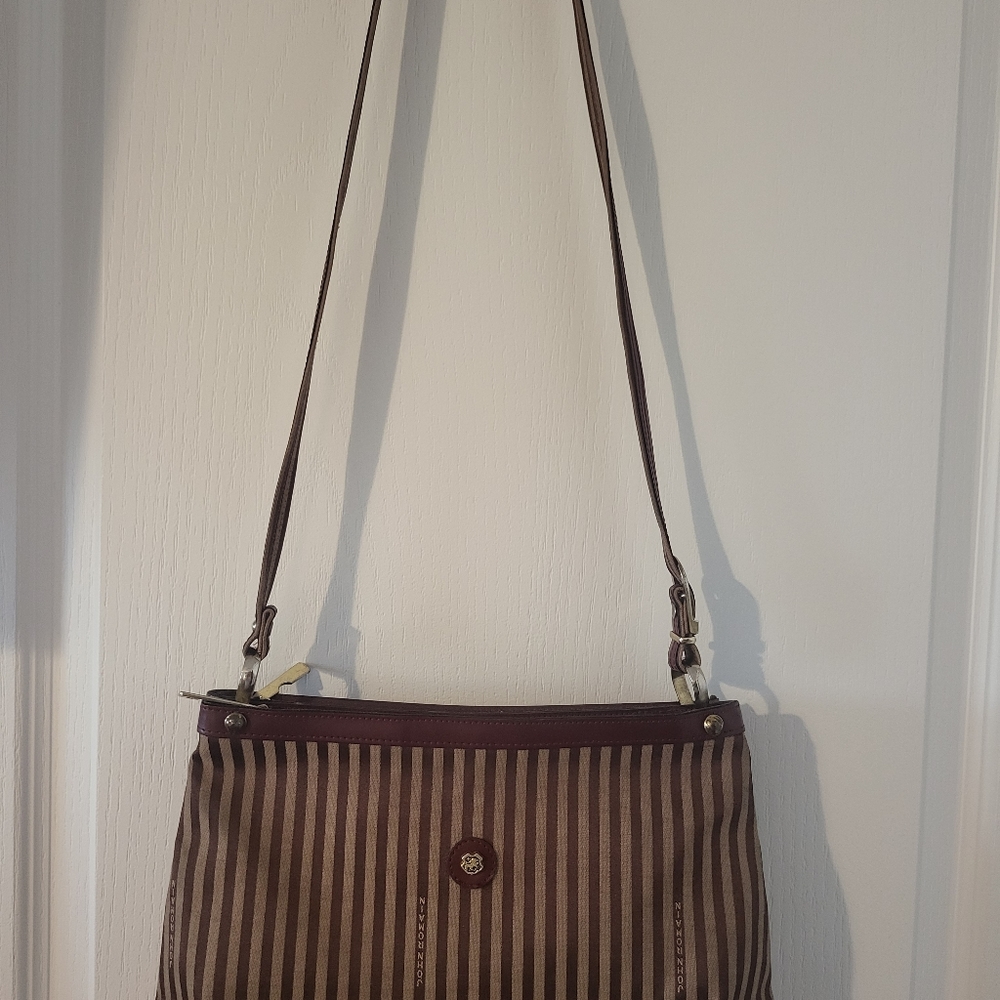 John Romain Crossbody Handbag Striped Fabric Taupe Leather Vintage Made in USA